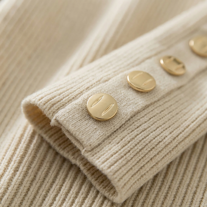 Jennet - Women's rib knit jumper in Cream – gold button cuff detail