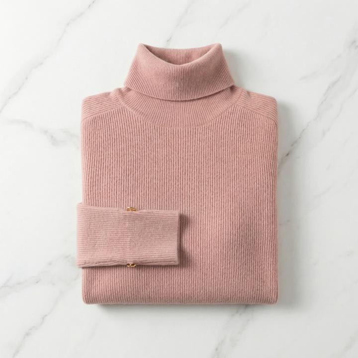 Phyllis - Women's cashmere roll neck in Pink – folded flat lay