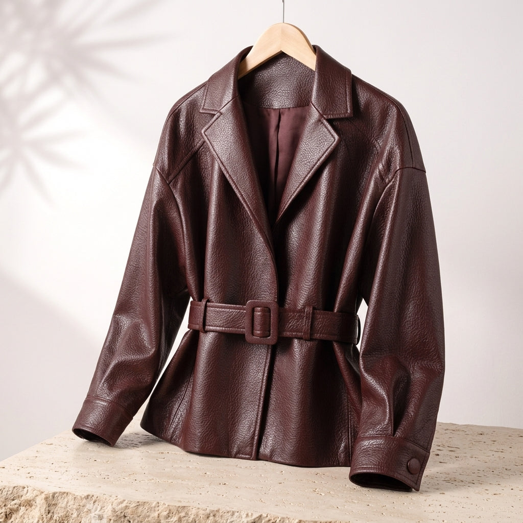 Barnstaple women's belted leather-look jacket in Burgundy – front view