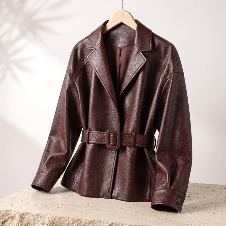 Barnstaple women's belted leather-look jacket in Burgundy – front view