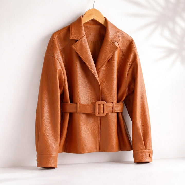 Barnstaple women's belted leather-look jacket in Tan – front view