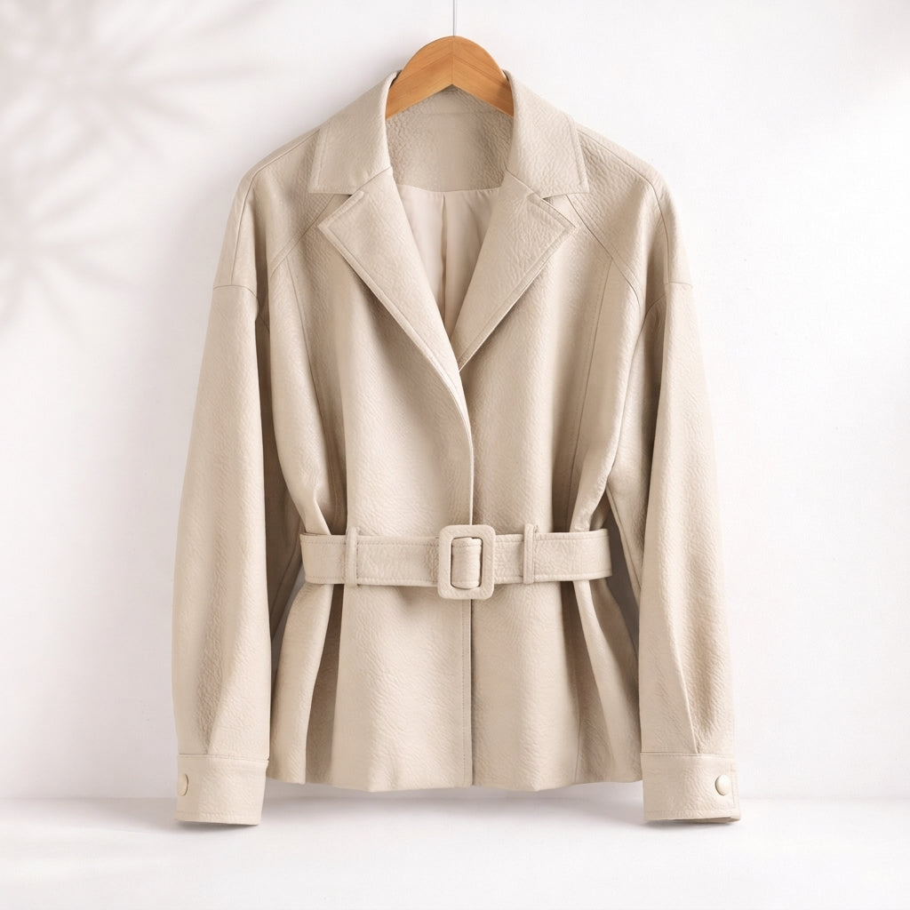 Barnstaple women's belted leather-look jacket in Cream – front view