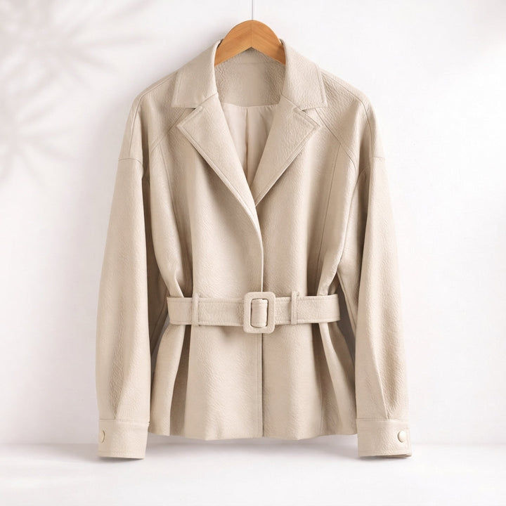 Barnstaple women's belted leather-look jacket in Cream – front view