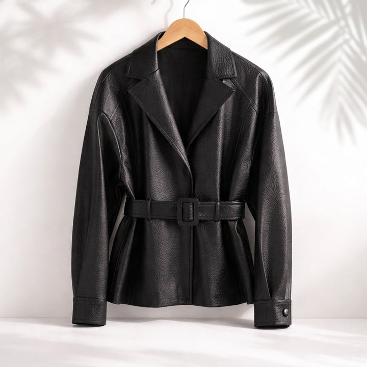 Barnstaple women's belted leather-look jacket in Black – front view