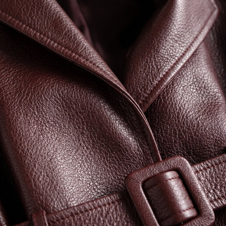 Barnstaple women's belted leather-look jacket in Burgundy – lapel detail