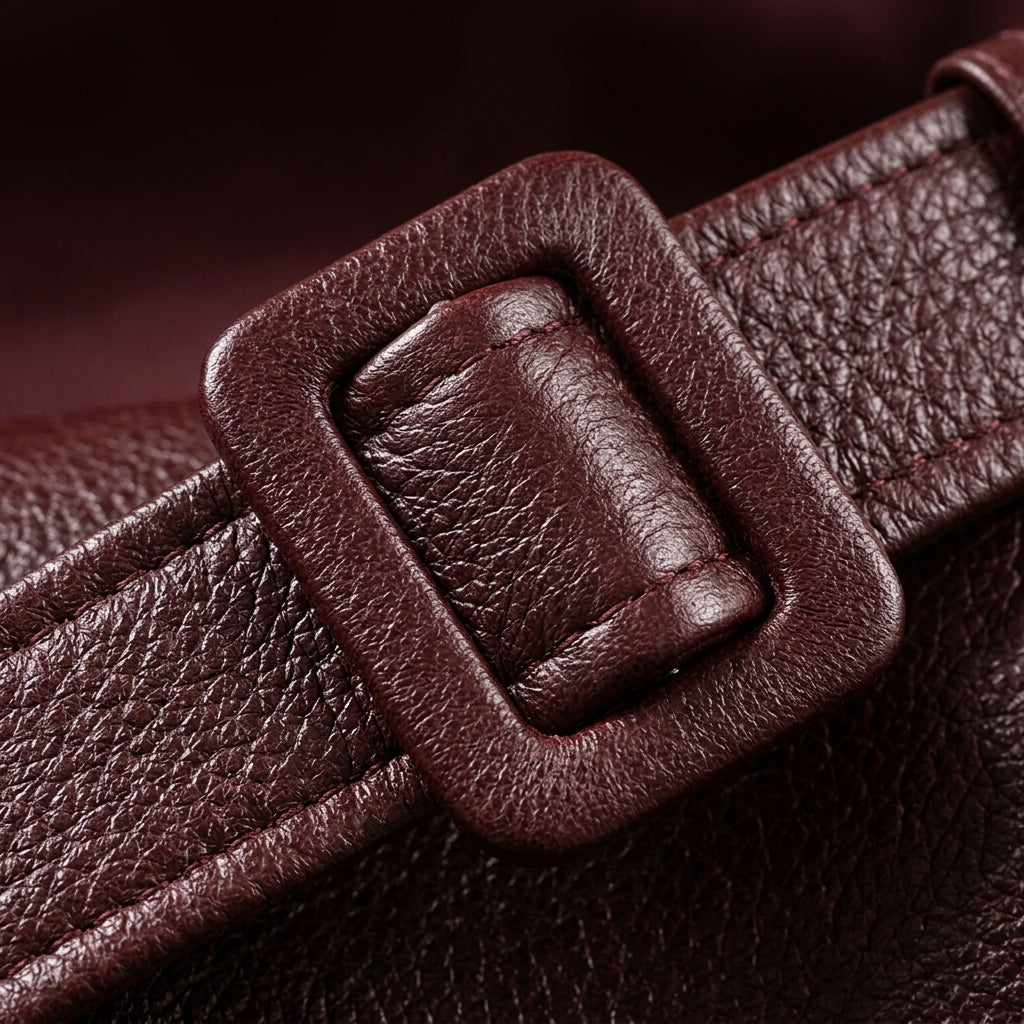 Barnstaple women's belted leather-look jacket in Burgundy – belt buckle detail