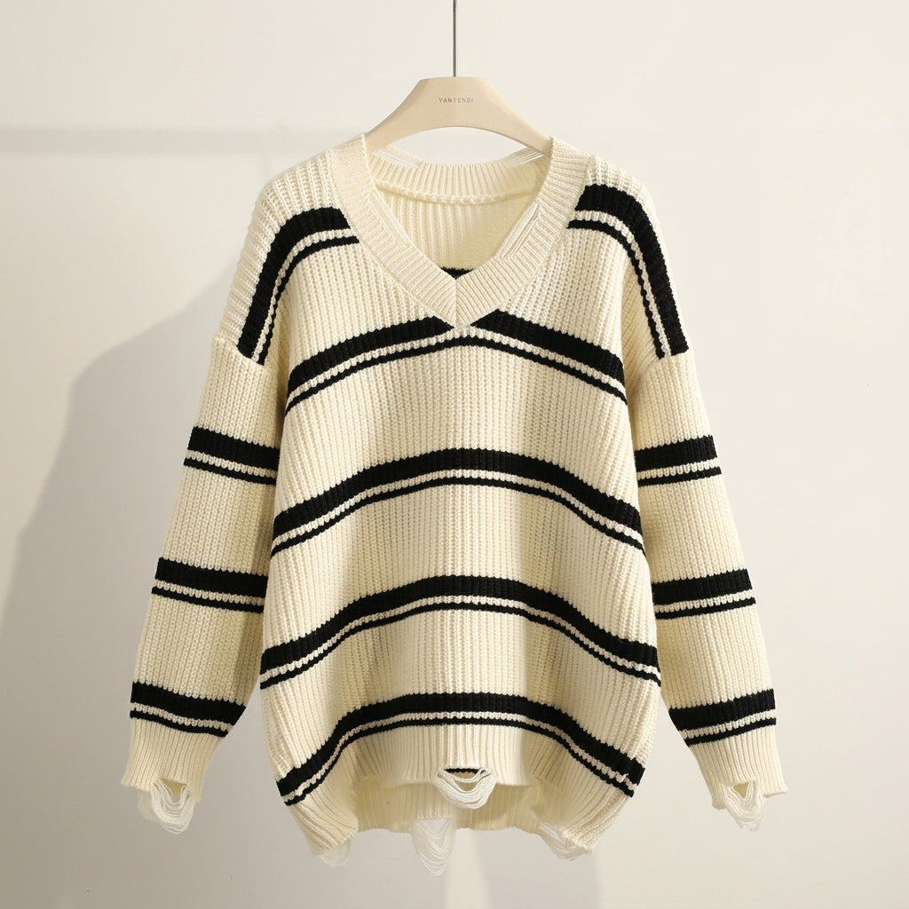 Women's Oversized Striped Wool-Blend V-Neck Jumper Oriel – Cream – front