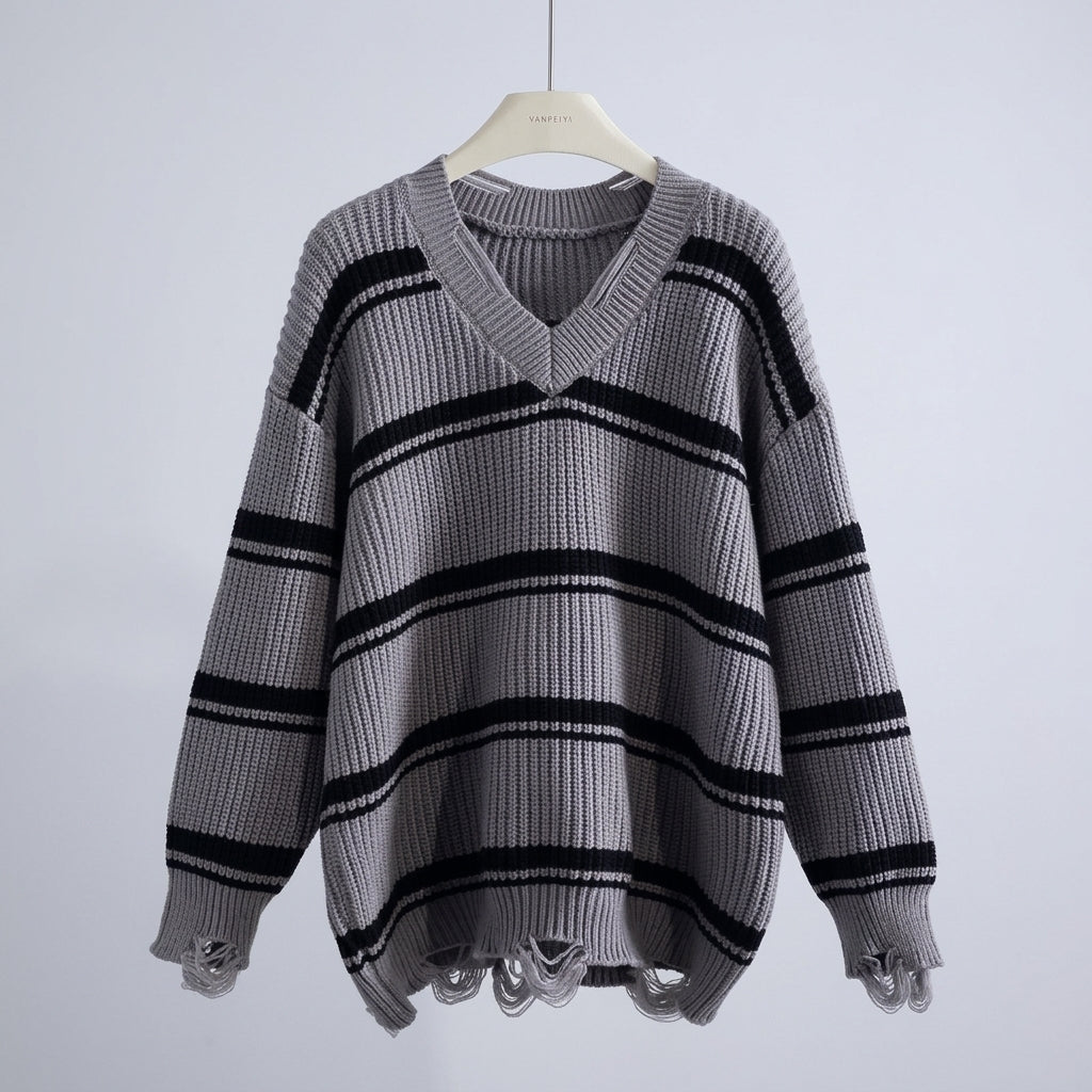 Women's Oversized Striped Wool-Blend V-Neck Jumper Oriel – Grey – front