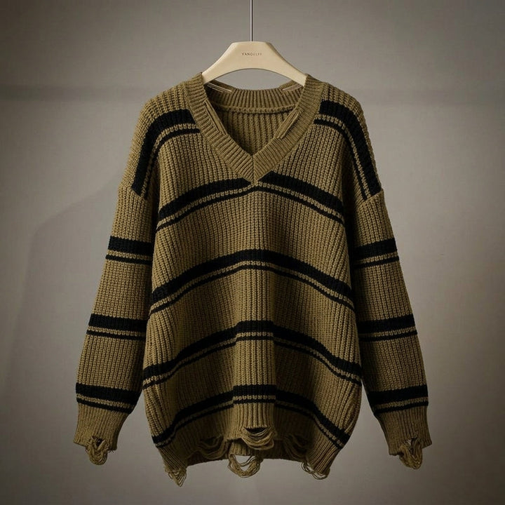 Women's Oversized Striped Wool-Blend V-Neck Jumper Oriel – Olive – front