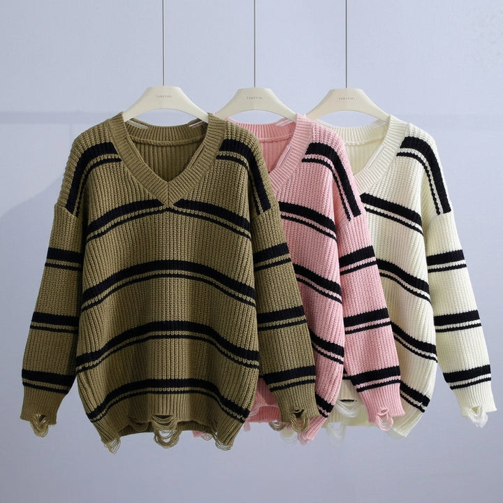 Women's Oversized Striped Wool-Blend V-Neck Jumper Oriel – Olive, Pink and Cream – colour range