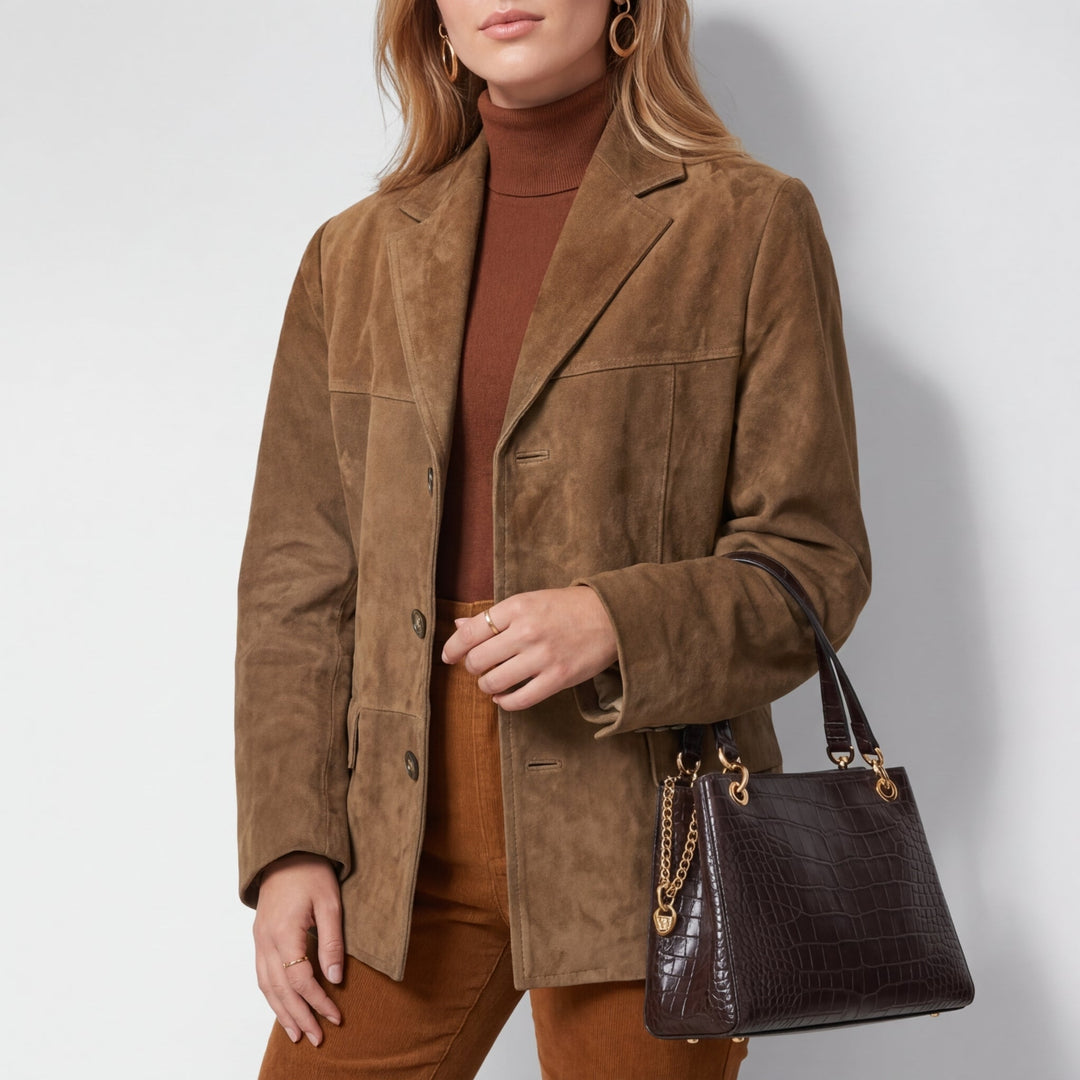 Melrose women's lapel jacket in Brown – front view