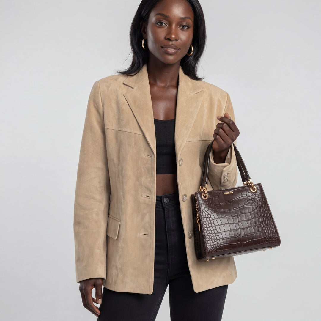Melrose women's lapel jacket in Beige – front view