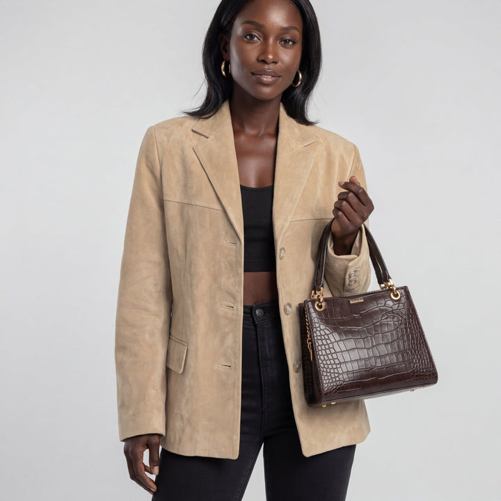 Melrose women's lapel jacket in Beige – front view