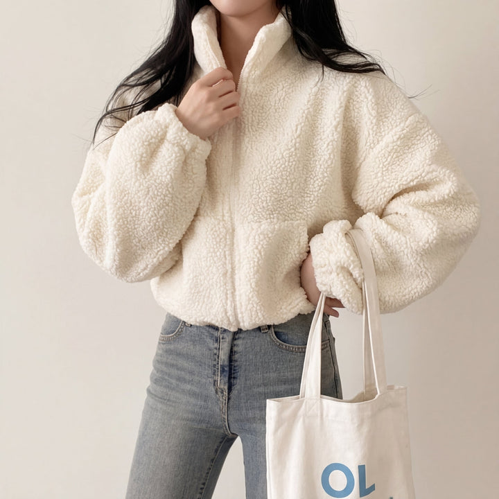 Women's Cropped Teddy Fleece Jacket with Funnel Neck – Balmoral – Cream – front view