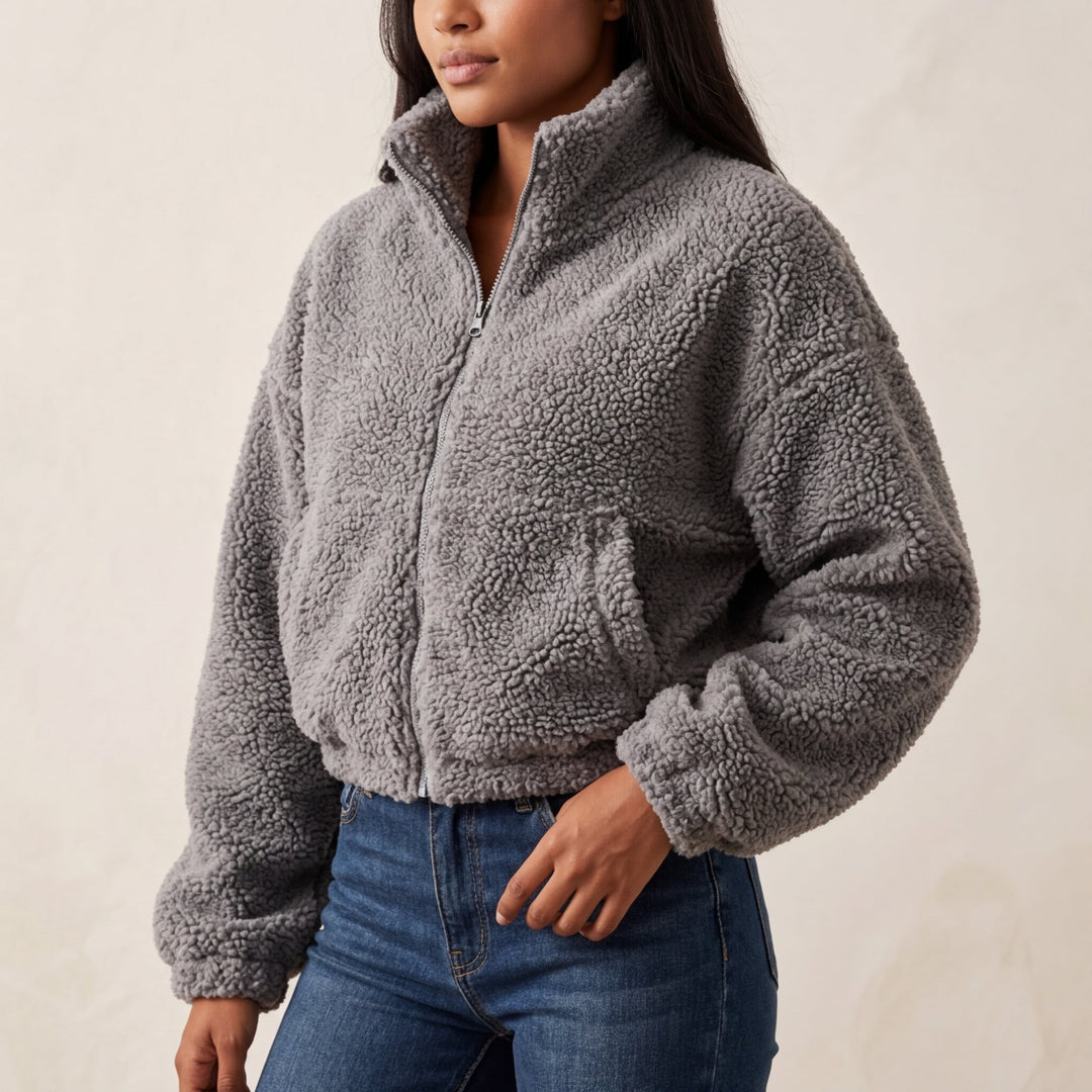 Women's Cropped Teddy Fleece Jacket with Funnel Neck – Balmoral – Grey – front view