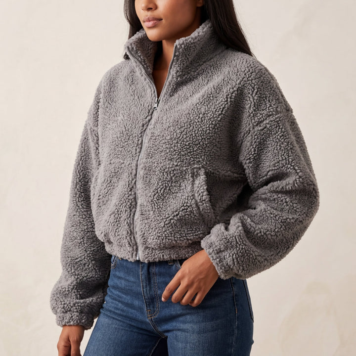 Women's Cropped Teddy Fleece Jacket with Funnel Neck – Balmoral – Grey – front view