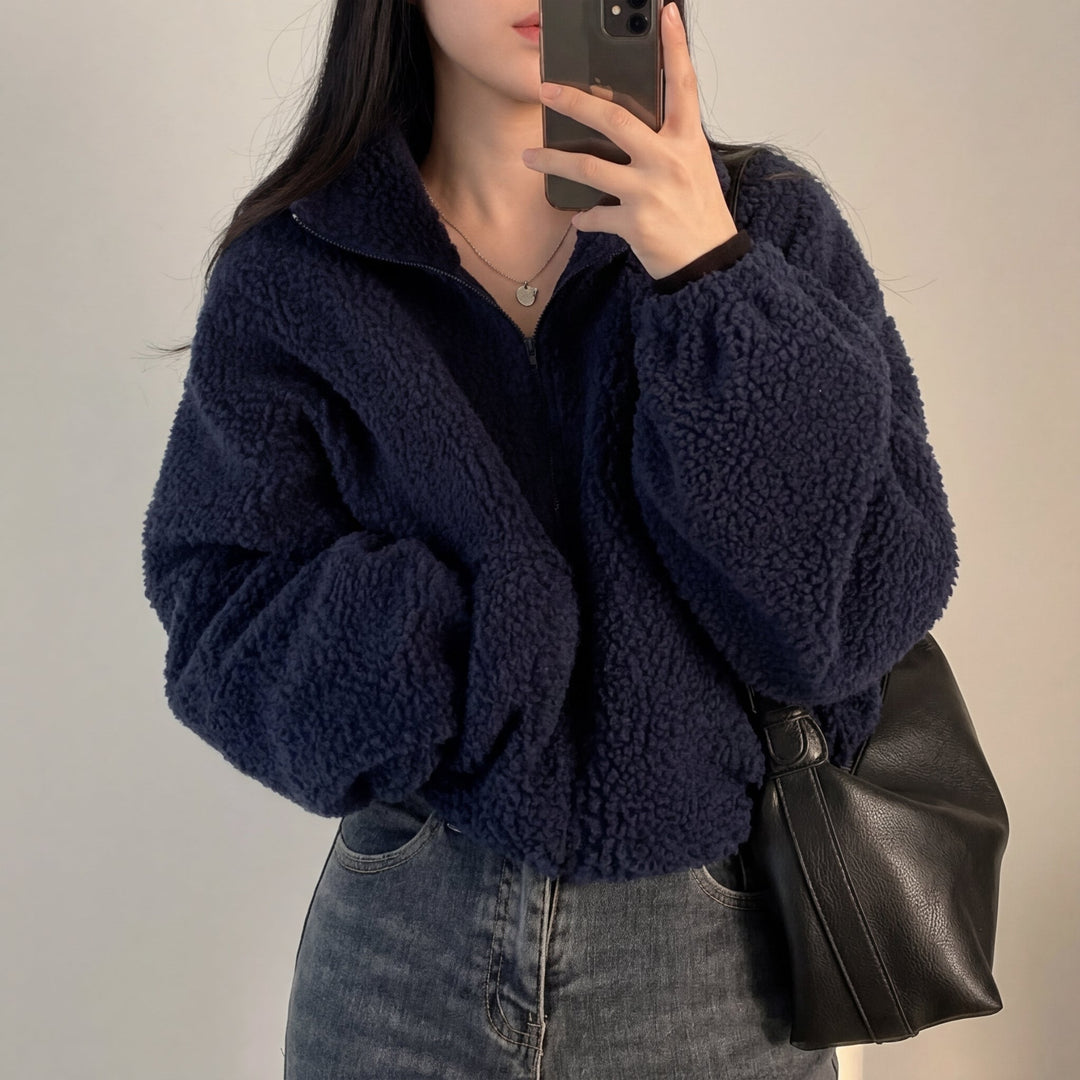 Women's Cropped Teddy Fleece Jacket with Funnel Neck – Balmoral – Navy – front view
