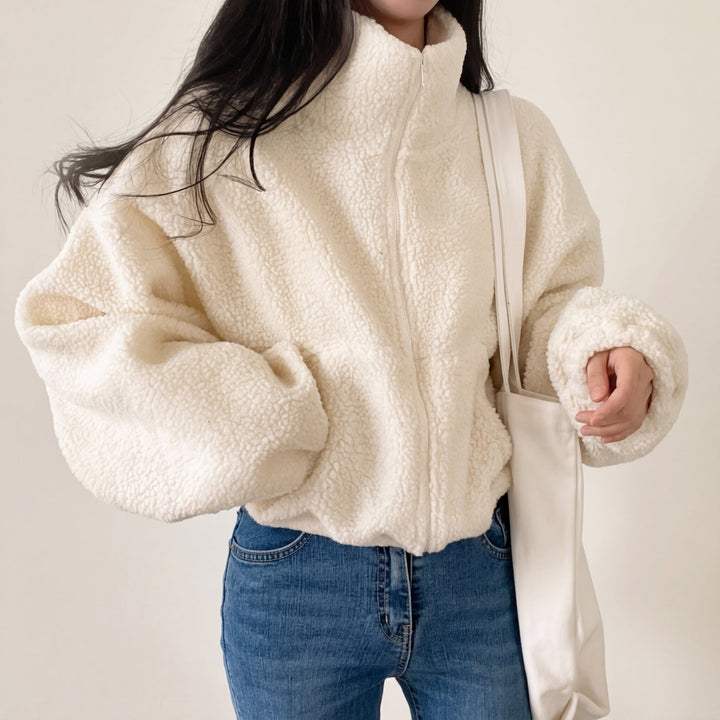 Women's Cropped Teddy Fleece Jacket with Funnel Neck – Balmoral – Cream – front view
