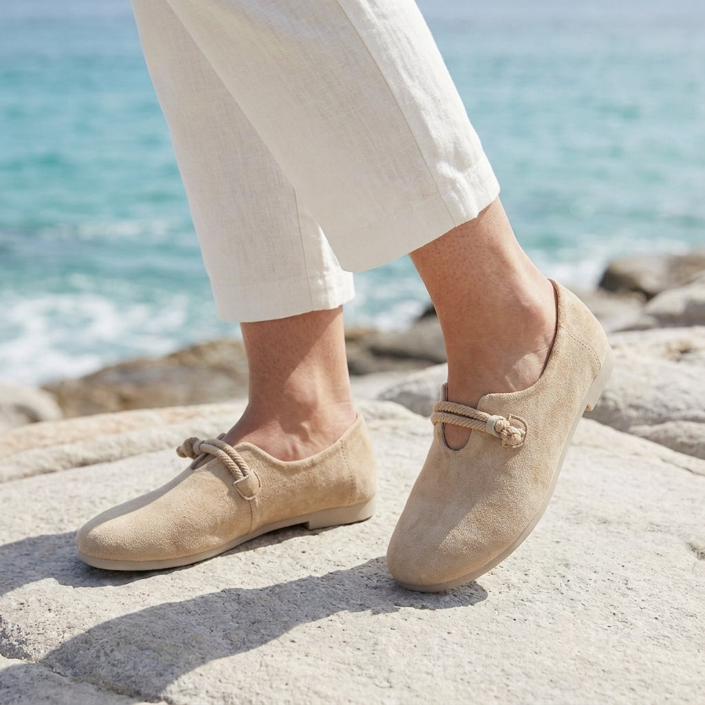 Women's Orthopaedic Suede Knot-Strap Loafers Honoria – Beige – on foot