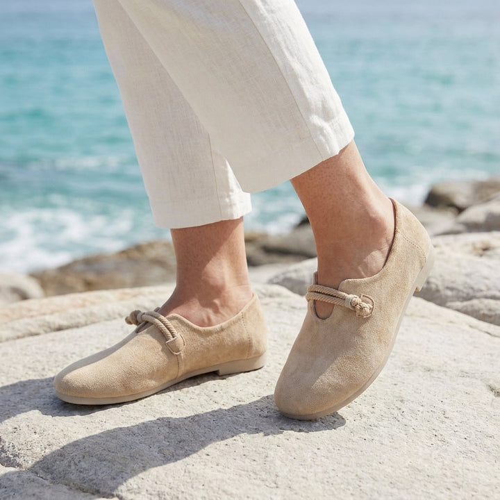 Women's Orthopaedic Suede Knot-Strap Loafers Honoria – Beige – on foot