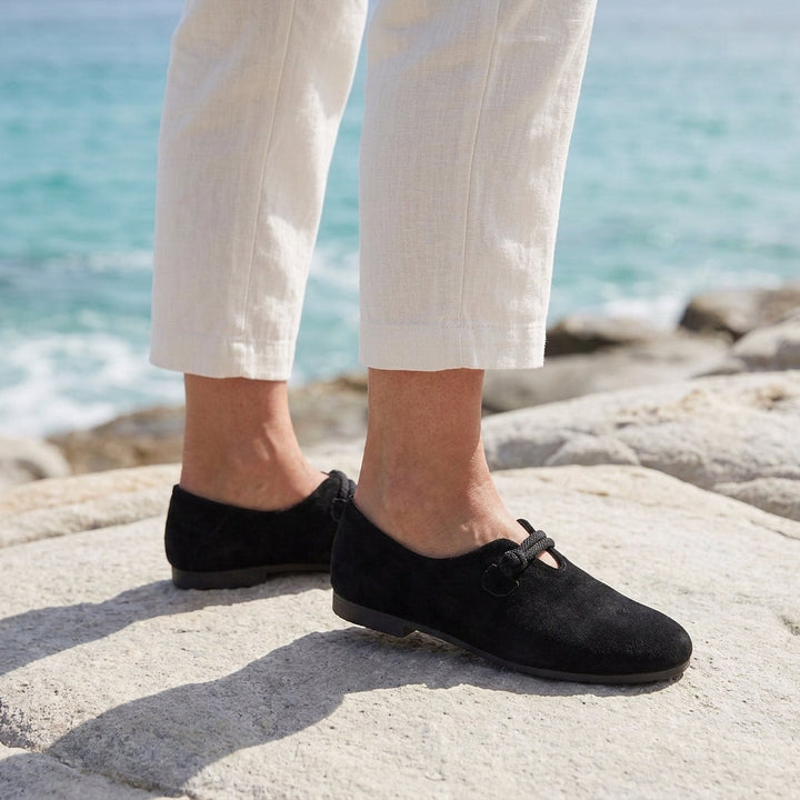 Women's Orthopaedic Suede Knot-Strap Loafers Honoria – Black – on foot