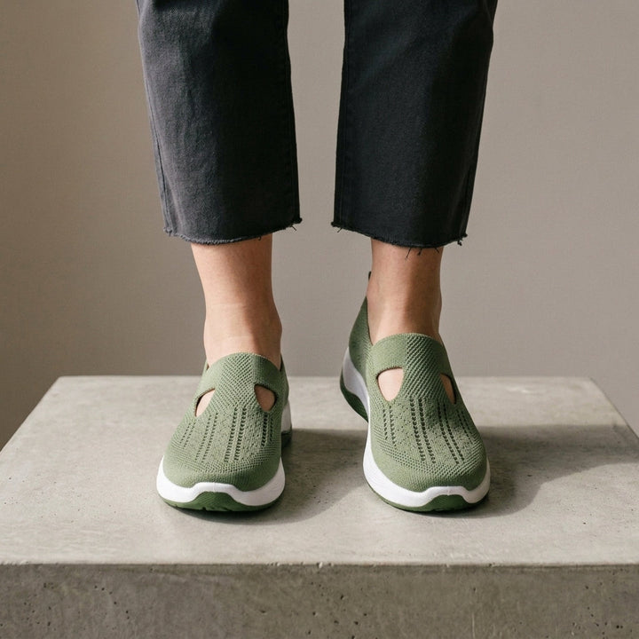 Women's Orthopaedic Knit Slip-On Trainers Vienna – Olive Green – front