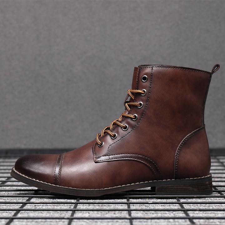 Men's toe-cap lace-up boots Christian in Burgundy – side profile on grid floor