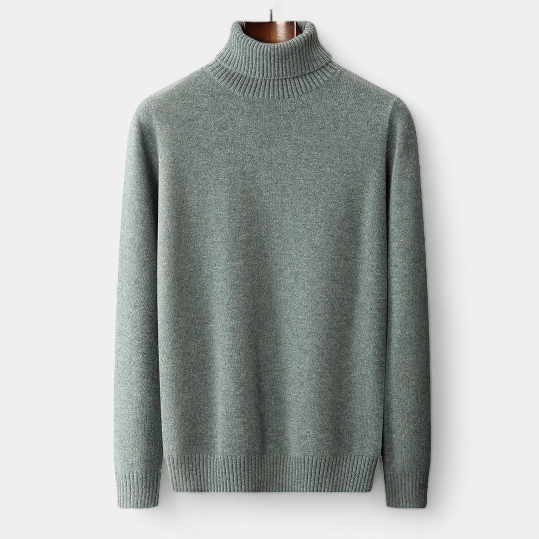 Men's light green soft knit roll neck jumper – front view
