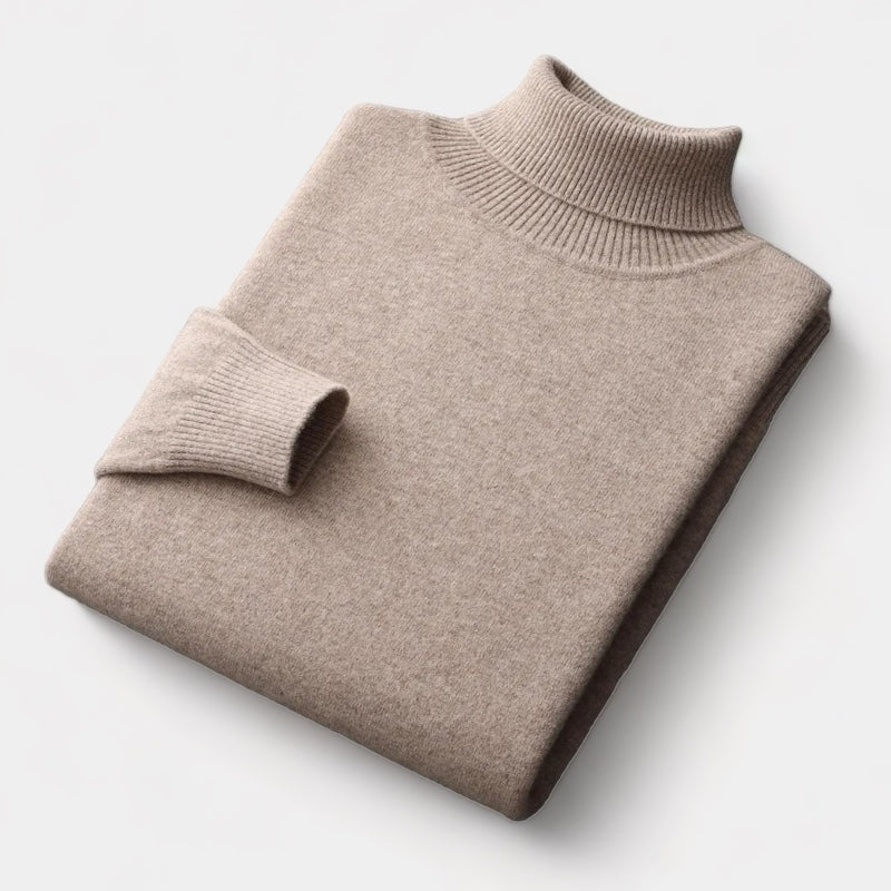 Men's camel soft knit roll neck jumper – folded