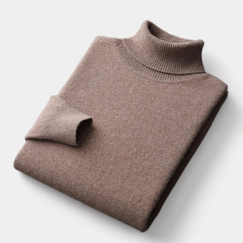 Men's deep camel soft knit roll neck jumper – folded