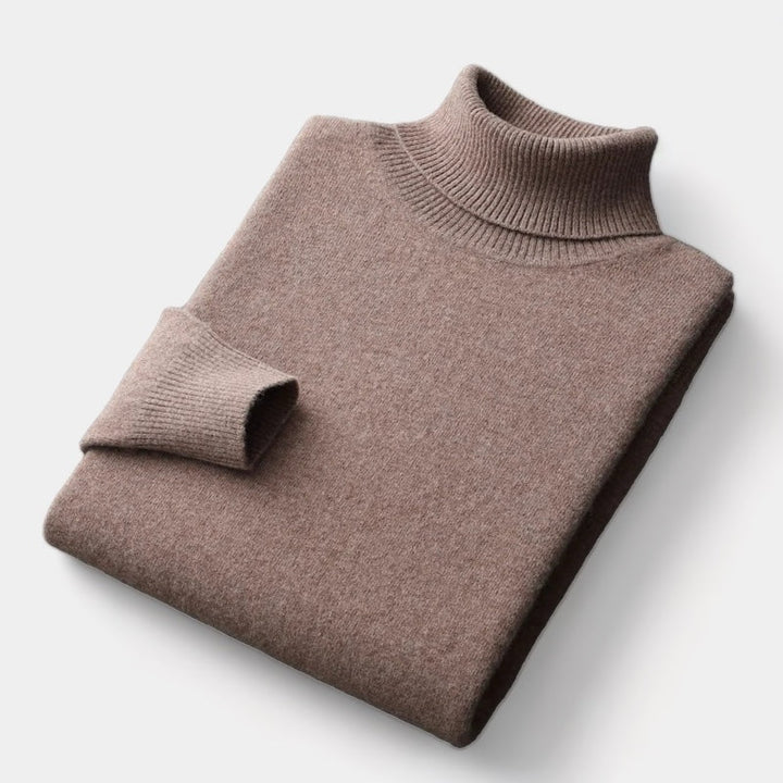 Men's deep camel soft knit roll neck jumper – folded