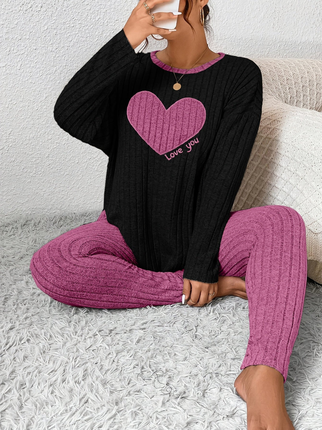 Women's Heart Print Loungewear Set Long Sleeve Top Trousers