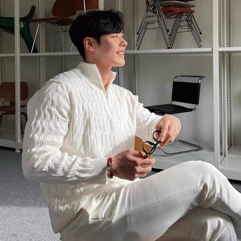 Men's cable knit half zip jumper in white – Paxton – seated view