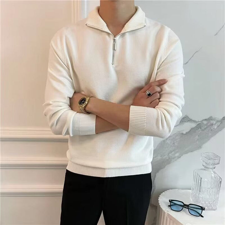 Men's fine knit quarter zip jumper in white – Oberon – arms crossed