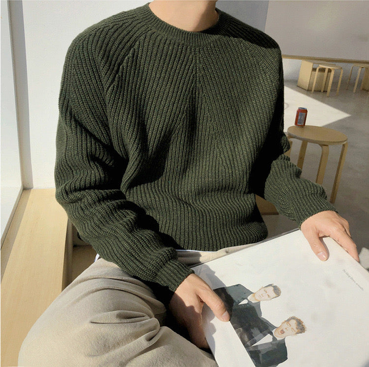 Men's Chunky Ribbed Crew Neck Jumper – Viktor in Olive Green, seated front view