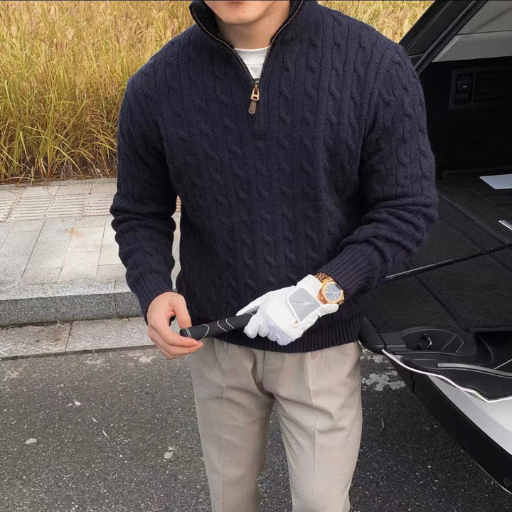 Men's Cable Knit Quarter Zip Jumper – Axiom in Navy, outdoor lifestyle view