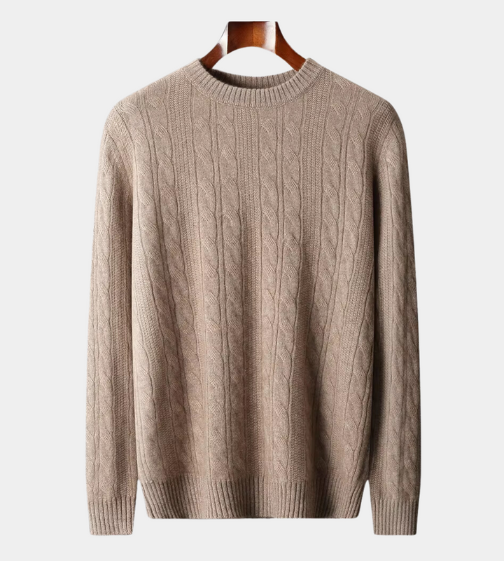 Men's dark beige cable knit crew neck jumper – front view on hanger