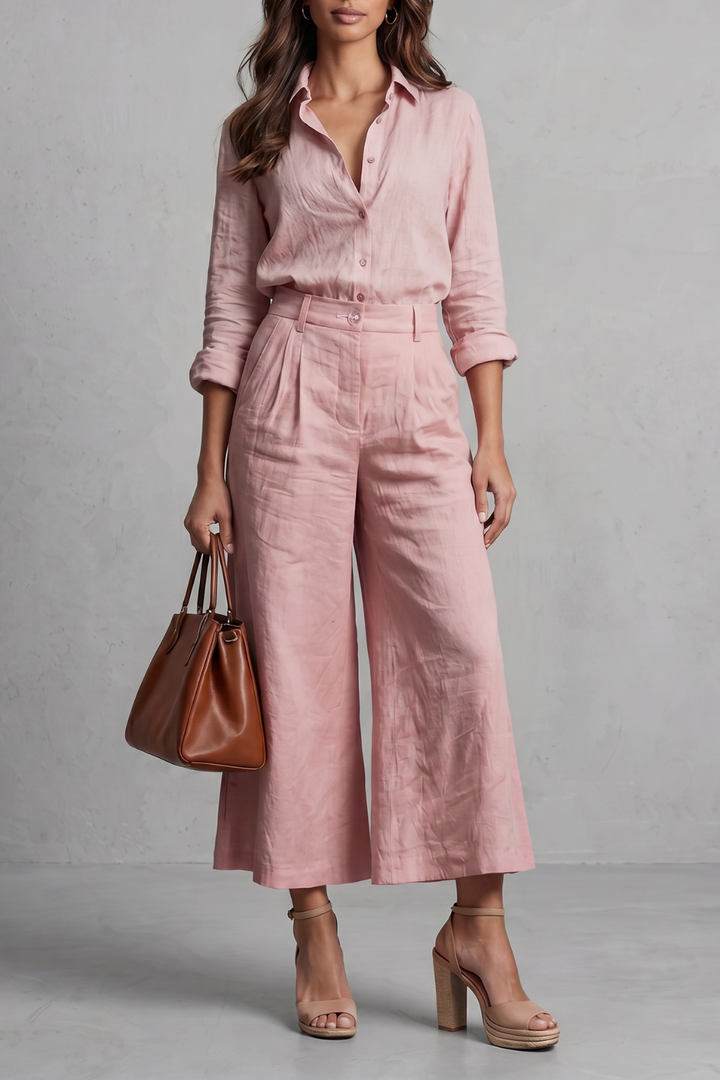 Women's Linen Look Shirt and Wide-Leg Trouser Co-ord Set - Delphiere
