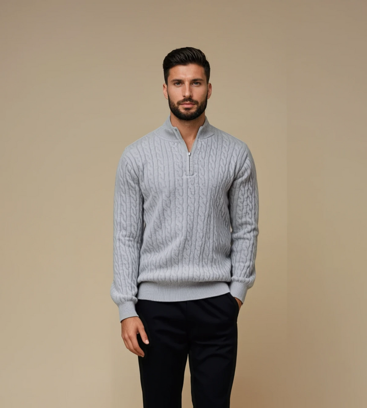 Men's grey cable knit quarter zip jumper – worn by model, front view