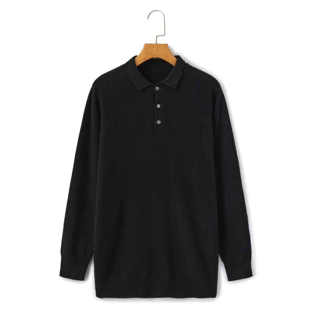 Men's soft knit polo jumper Ferris in Black – front view on hanger