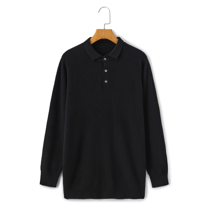 Men's soft knit polo jumper Ferris in Black – front view on hanger
