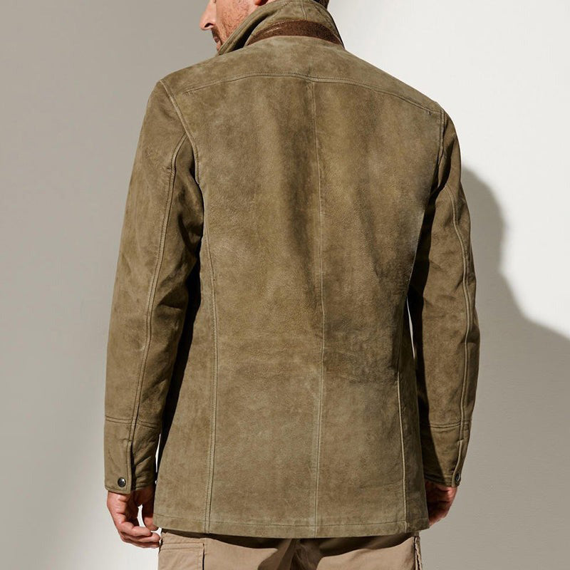 Men's Suede-Effect Fur-Look Collar Jacket Bruce in Khaki – back view
