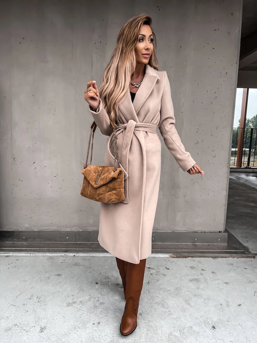 Women's belted wrap coat Lettie in Beige – front view