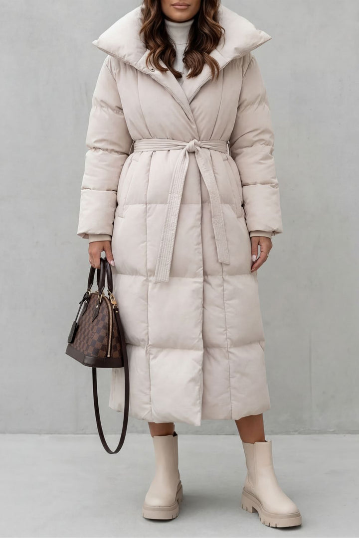 Women's Belted Long Puffer Coat with Silhouette Design – Ines