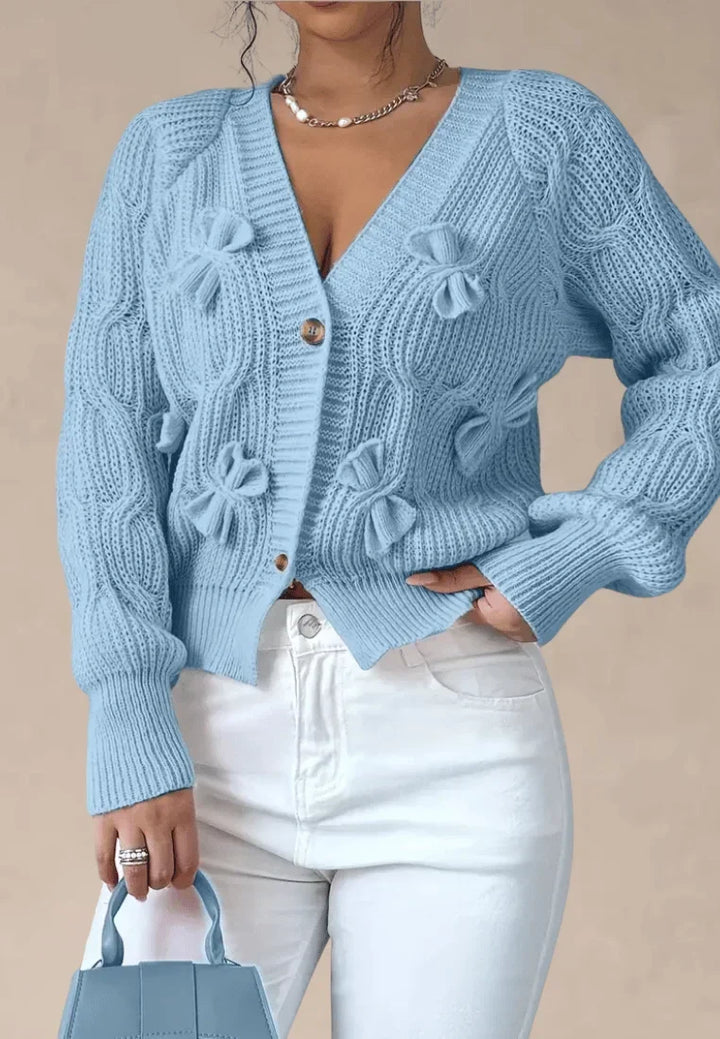 Bute women's cable knit cardigan in Light Blue – front view