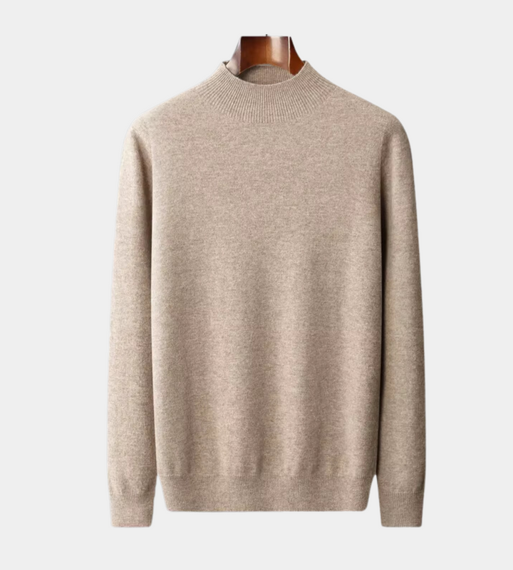 Men's taupe soft knit mock neck jumper – front view on hanger