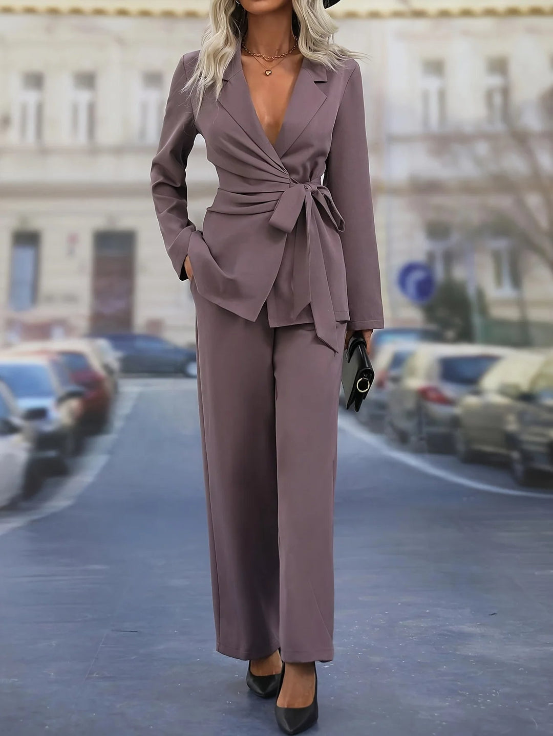Women's Tailored Blazer Suit Set with Tie Waist Belt