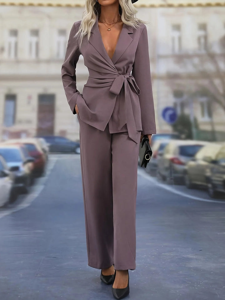 Women's Tailored Blazer Suit Set with Tie Waist Belt