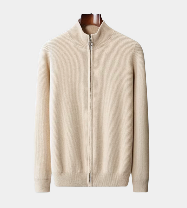 Men's ribbed zip up cardigan Penrith in Beige – front view