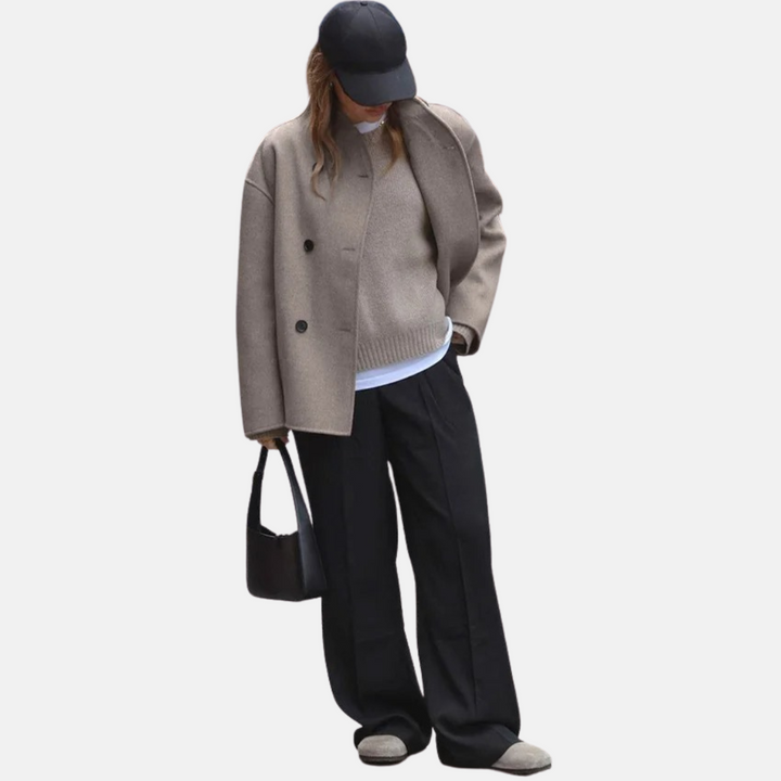 Women's short double breasted coat Ailsa in Brown – full-length outfit